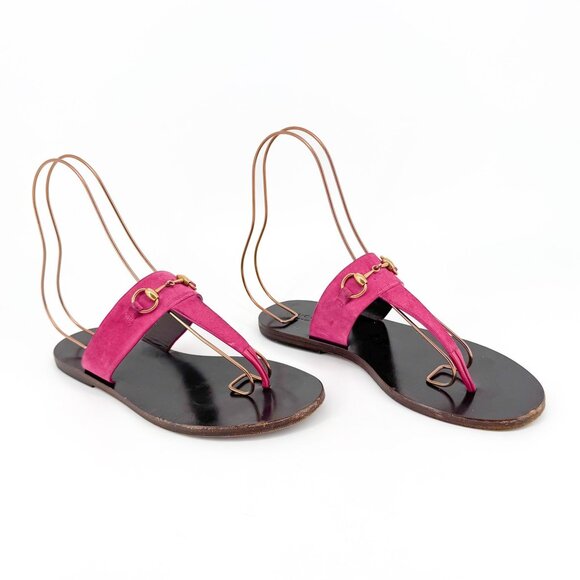 Gucci Horsebit T-Strap Flip Flop Thong Flat Sandal Pink Suede Size 38 US 8 Women - Picture 1 of 13
